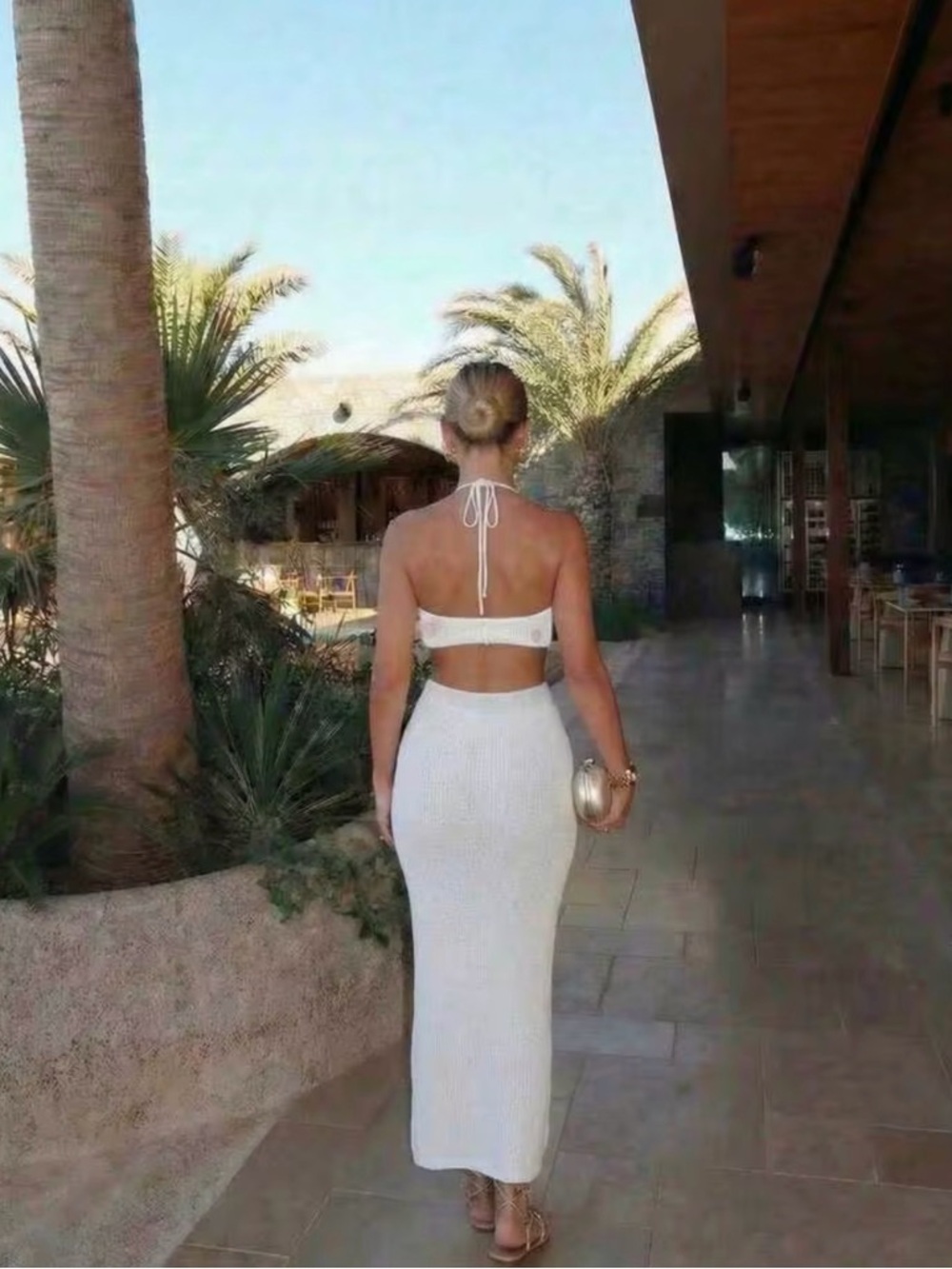 White Sequin Halter Maxi Dress with Side Cutout - Picture 10 of 11